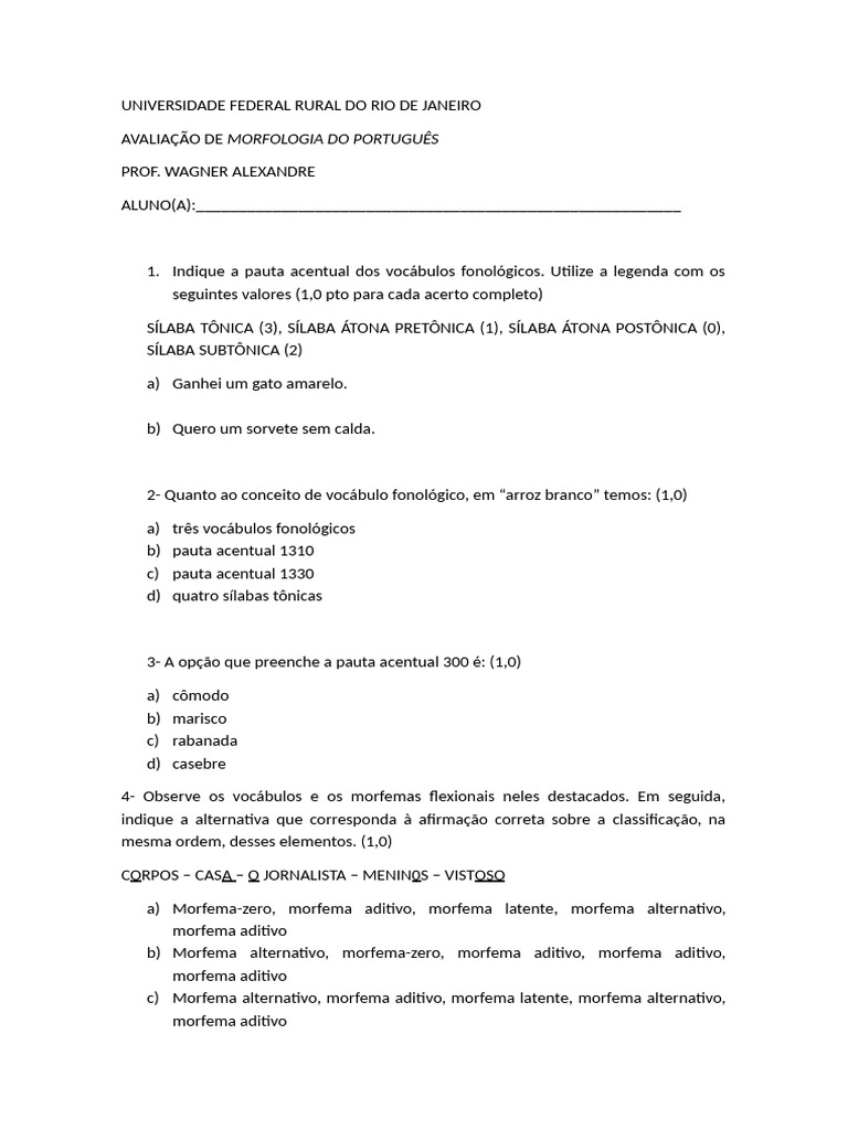 Avaliação de Morfologia do Português | PDF