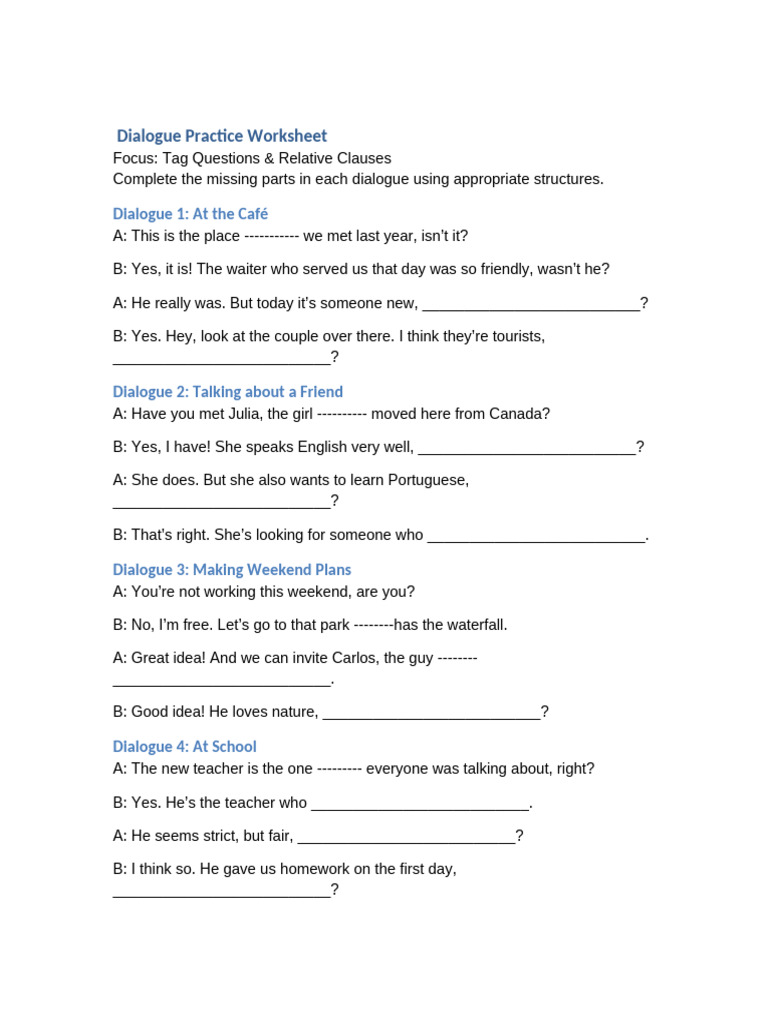 Dialogue Practice: Tag Questions & Clauses | PDF