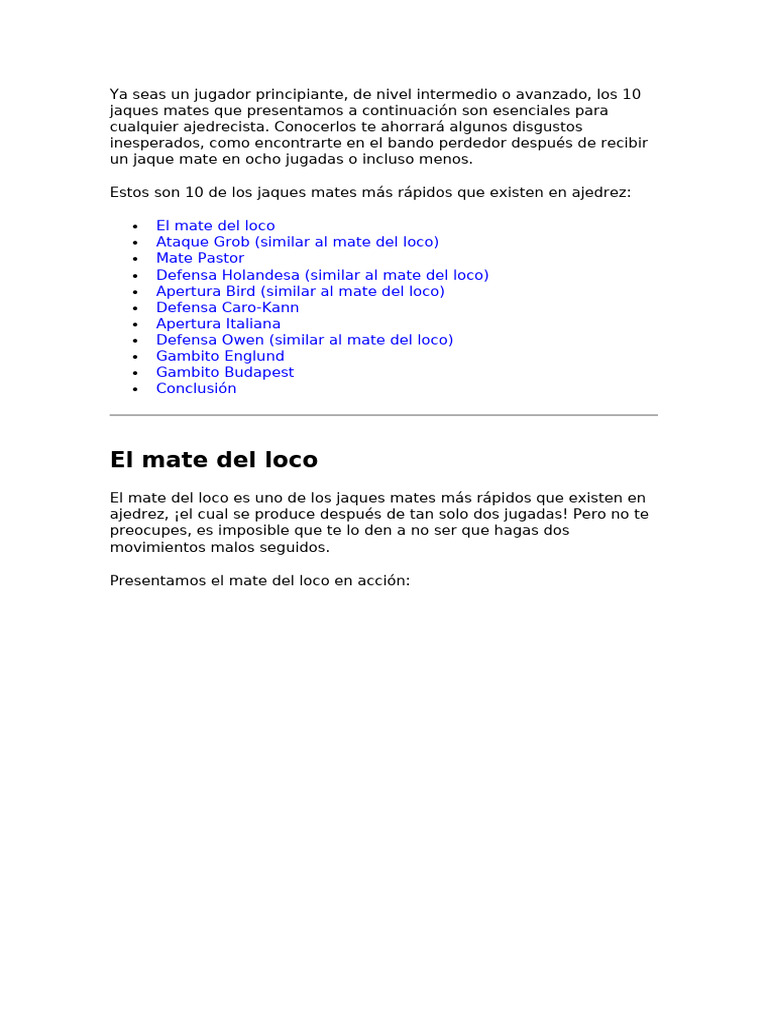 10 Jaques Mates Rápidos en Ajedrez | PDF | Aperturas de ajedrez | Ajedrez