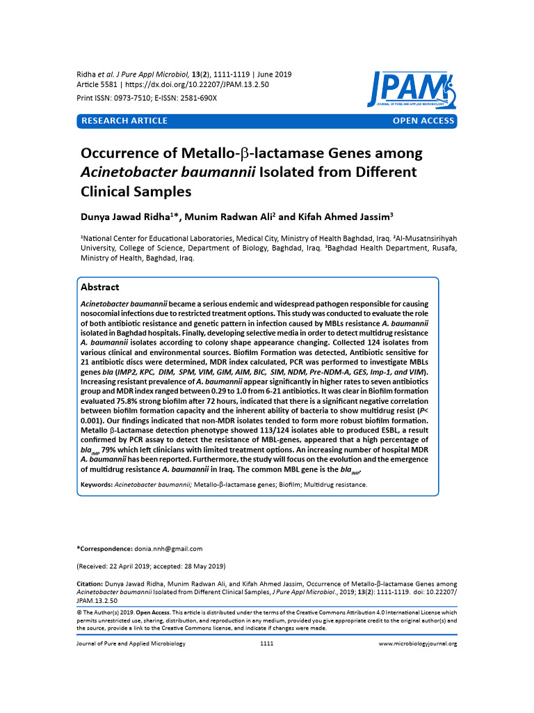 Occurrence of Metallo-B-Lactamase Genes Among Acin | PDF | Organisms ...