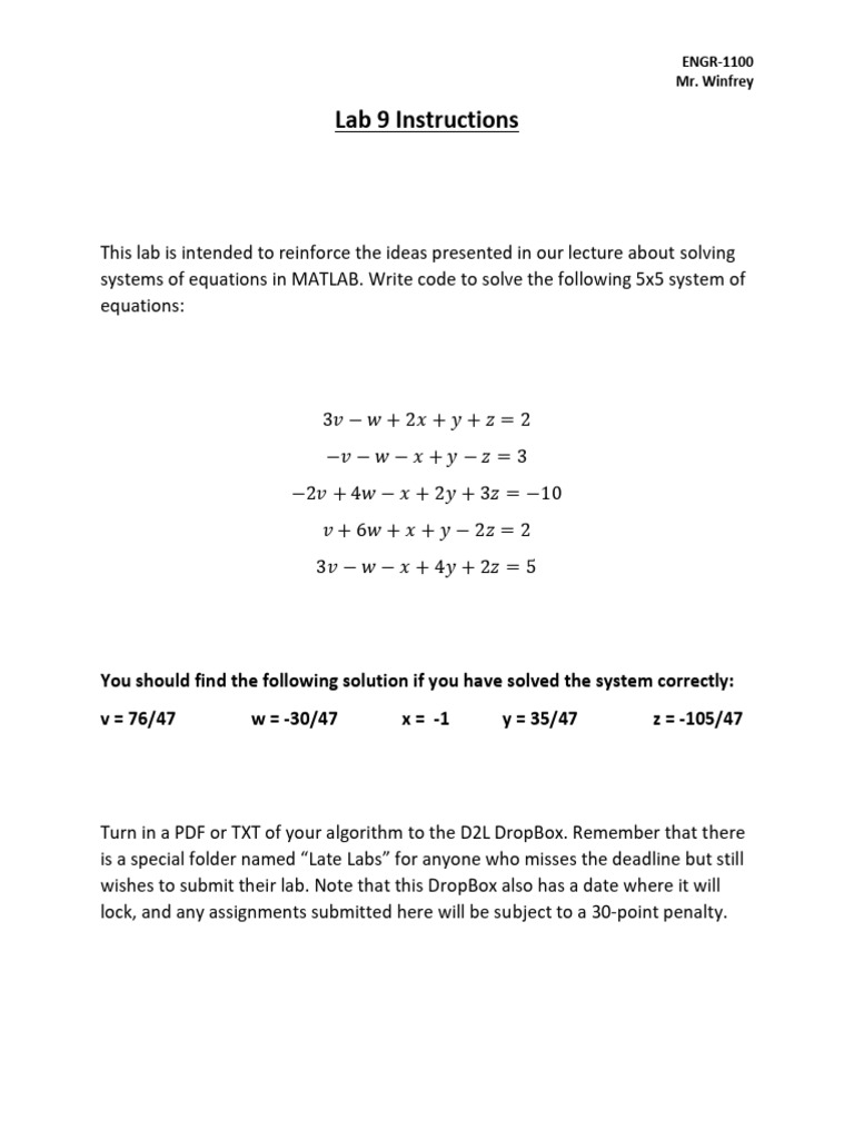 MATLAB Lab 9: Solve 5x5 Equations | PDF