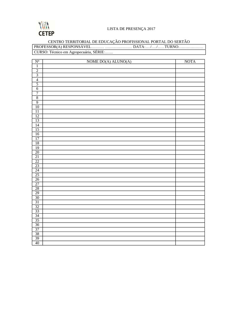 Lista de Presença 2017 - Agropecuária | PDF