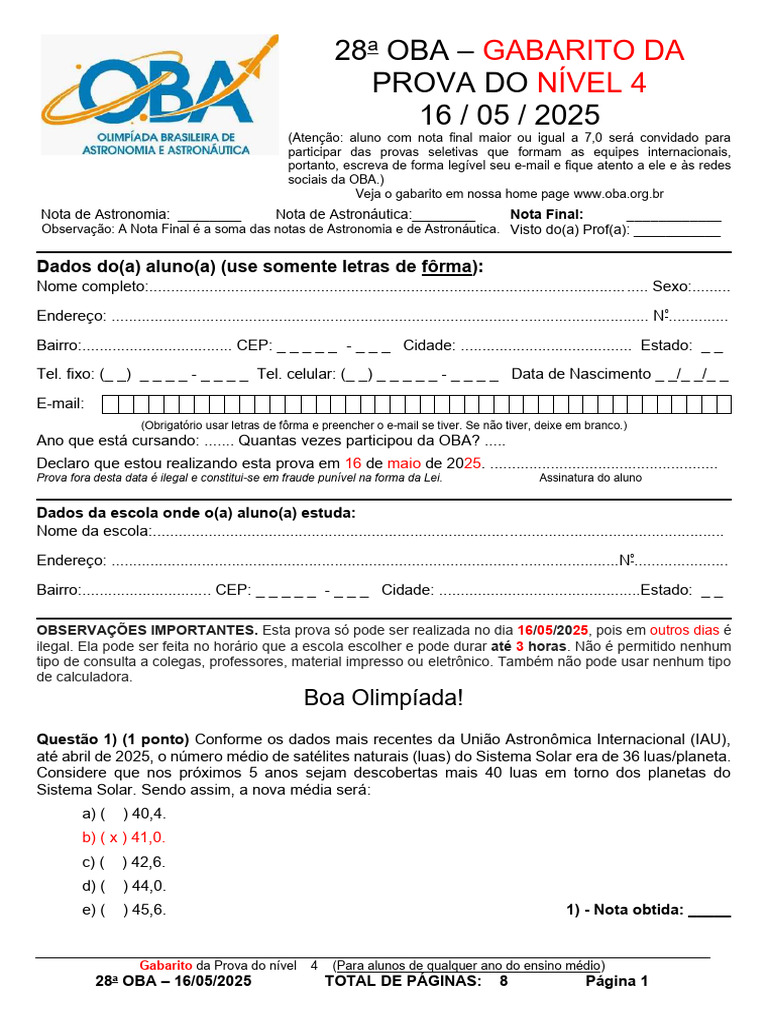 Gabarito OBA Nível 4 - 2025 | PDF | Inclinação orbital | Trópicos