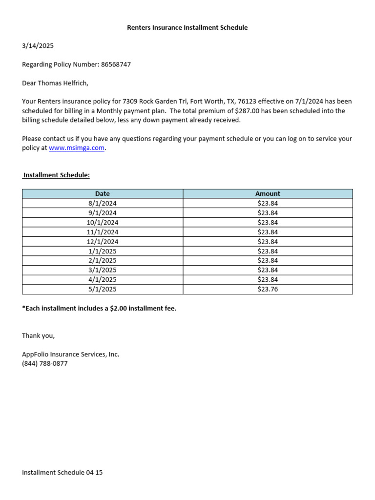 Renters Insurance Payment Schedule | PDF | Liability Insurance | Insurance