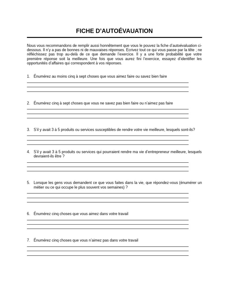 Fiche d'auto-évaluation personnelle | PDF