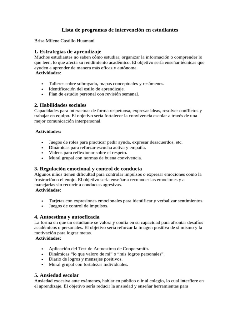Lista de 10 Programas de Intervención | PDF | Las emociones | Aprendizaje