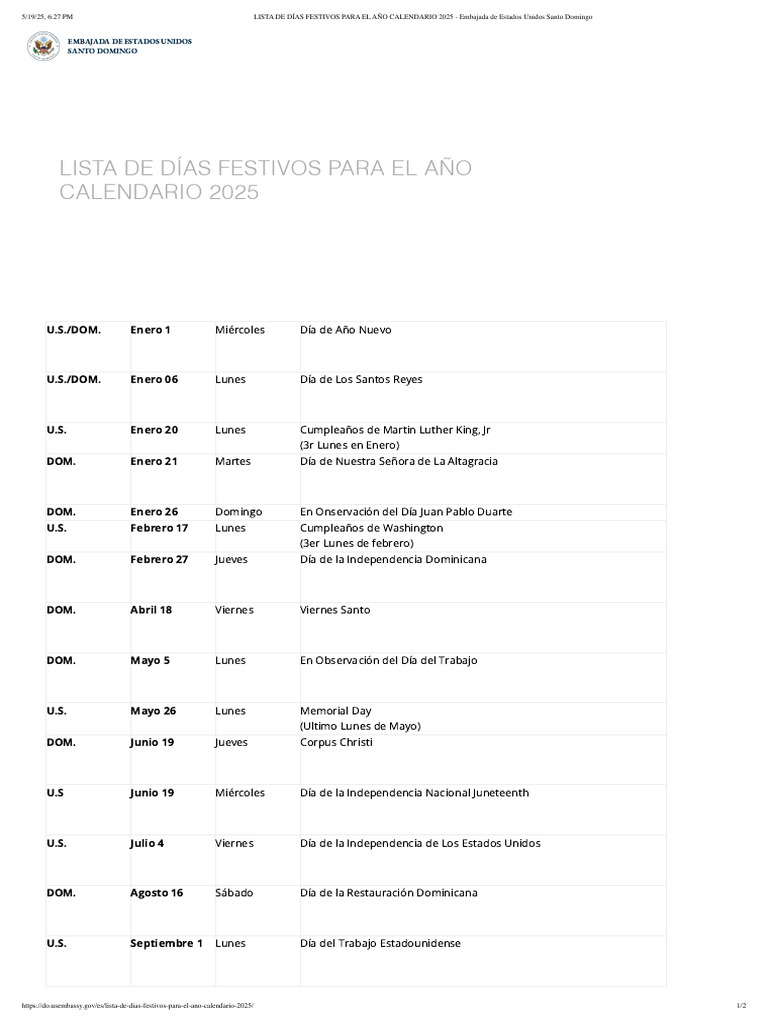 Días Festivos 2025 en EE. UU. y RD PDF Vacaciones
