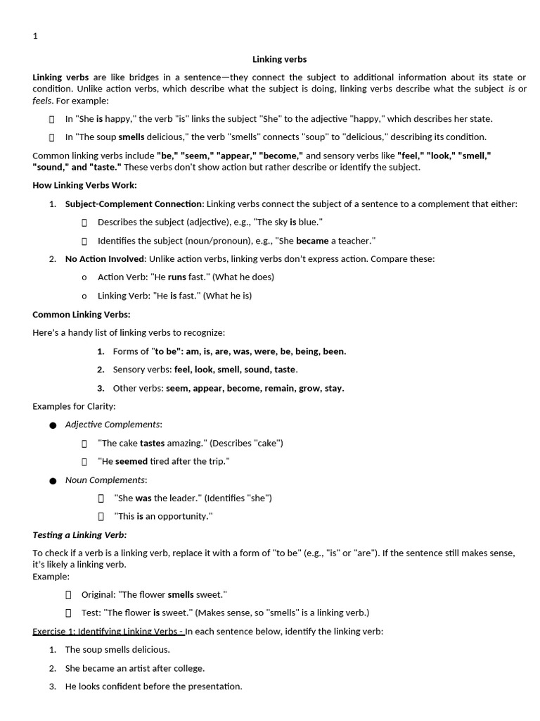 Understanding Linking and Conjunction Verbs | PDF | Verb | Subject ...