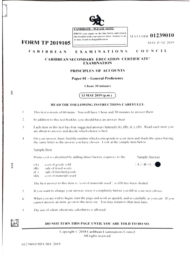 CSEC Principles of Accounts P1 2019 MJ | PDF