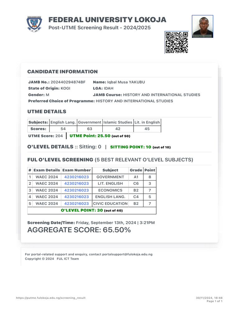 00000028-202440294874BF Result - FUL Post UTME Portal | PDF
