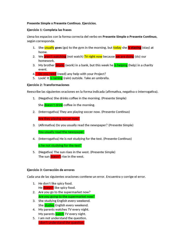 Ejercicios de Presente Simple y Continuo | PDF
