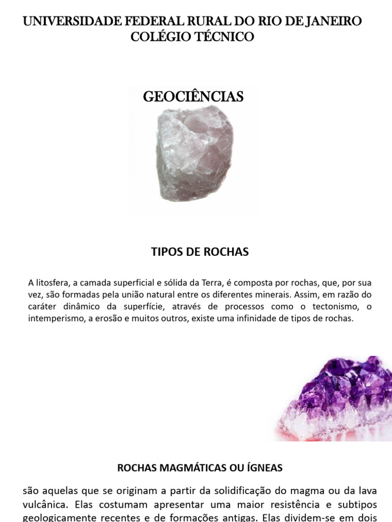 Tipos de Rochas: Magmáticas, Metamórficas e Sedimentares | PDF | Rochas ...