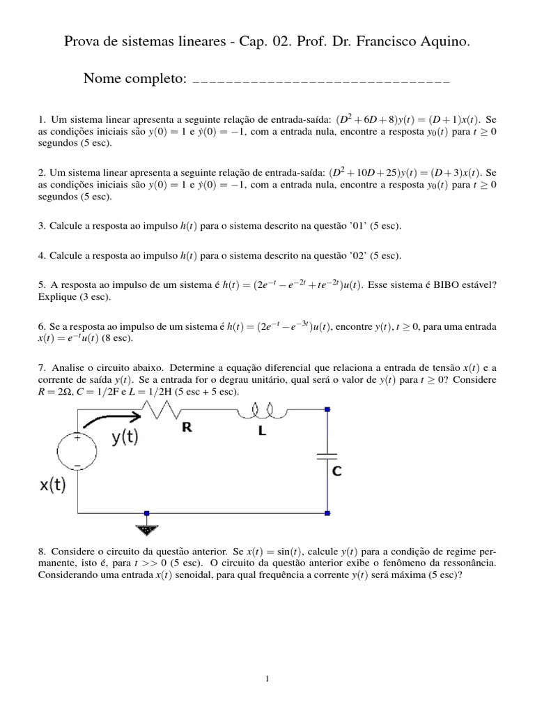 Prova de Sistemas Lineares e BIBO Estabilidade | PDF | Rede elétrica ...