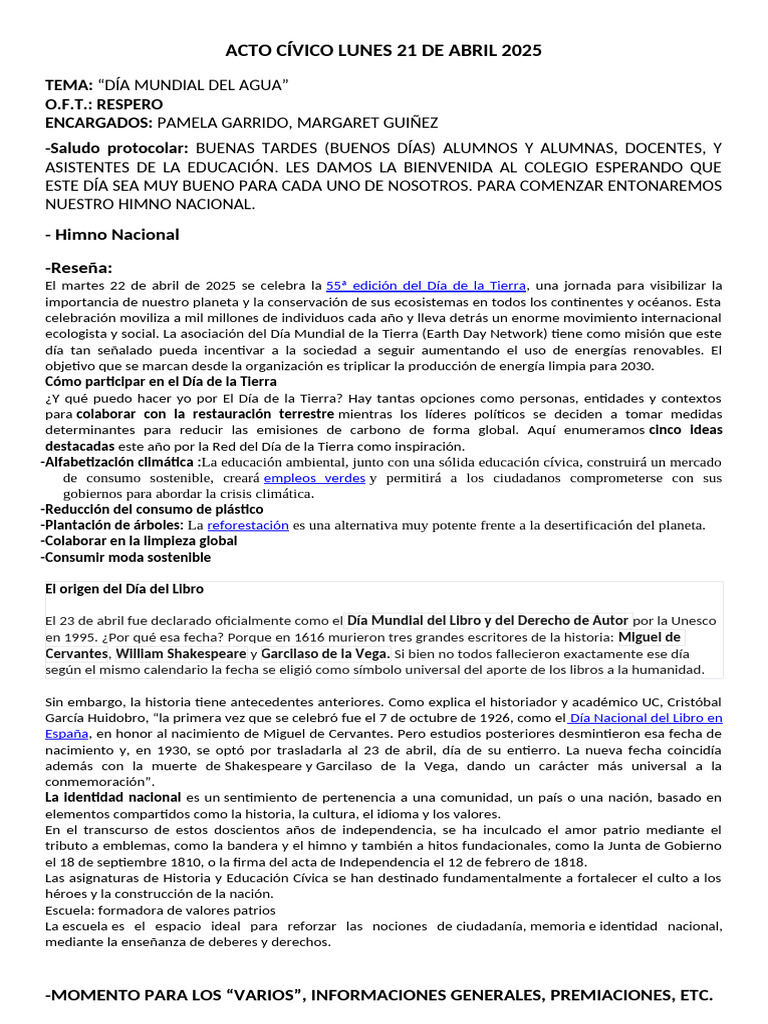 Acto Cívico Lunes 21 de Abril 2025 | PDF | Tierra | Entorno natural