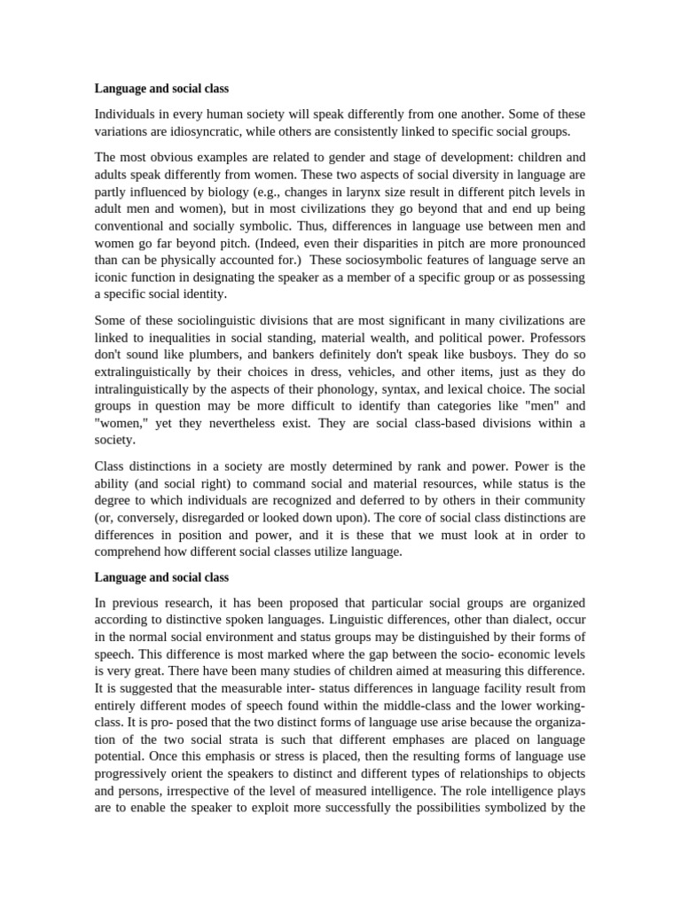 Language Variations by Social Class | PDF | Linguistics | Sociolinguistics