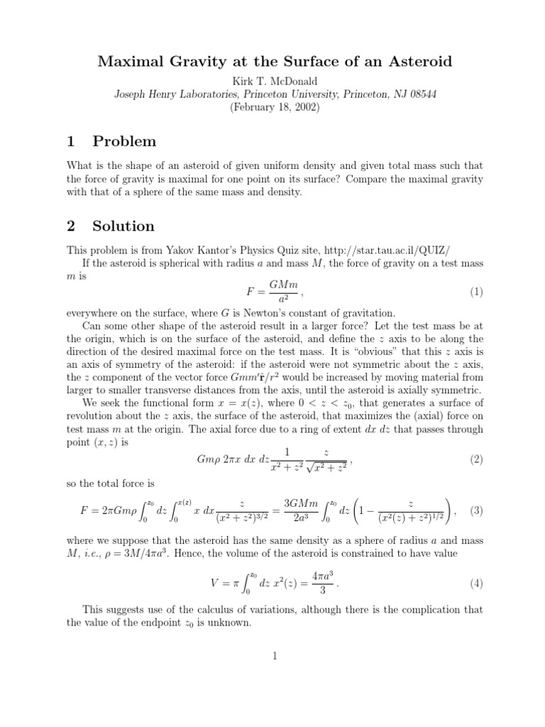 Gravity Problem - Shape of An Asteroid | PDF | Sphere | Integral