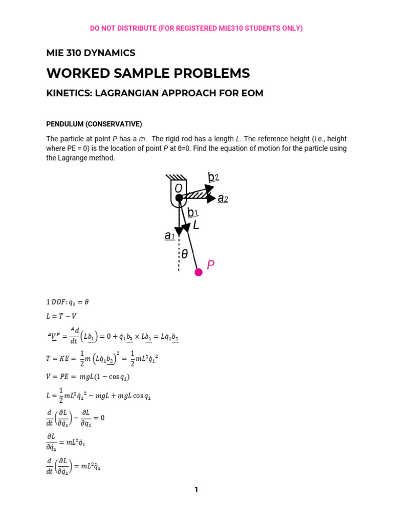 Sample Problems - Kinetics Lagrange Approach For EOM | PDF | Lagrangian ...