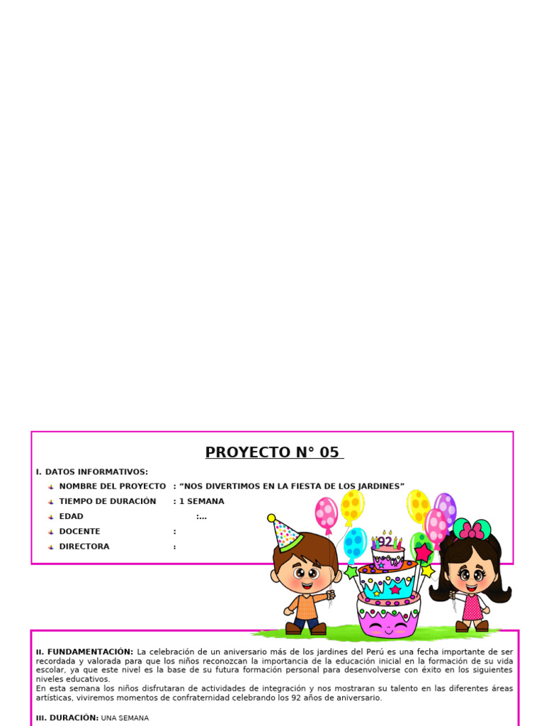 Proyecto Aniversario Jardines | PDF | Educación de la primera infancia