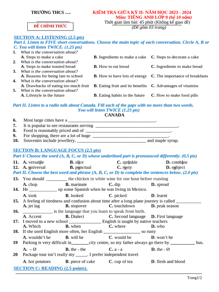 English Test for Grade 9 - Semester 2 | PDF | English Language | Foods