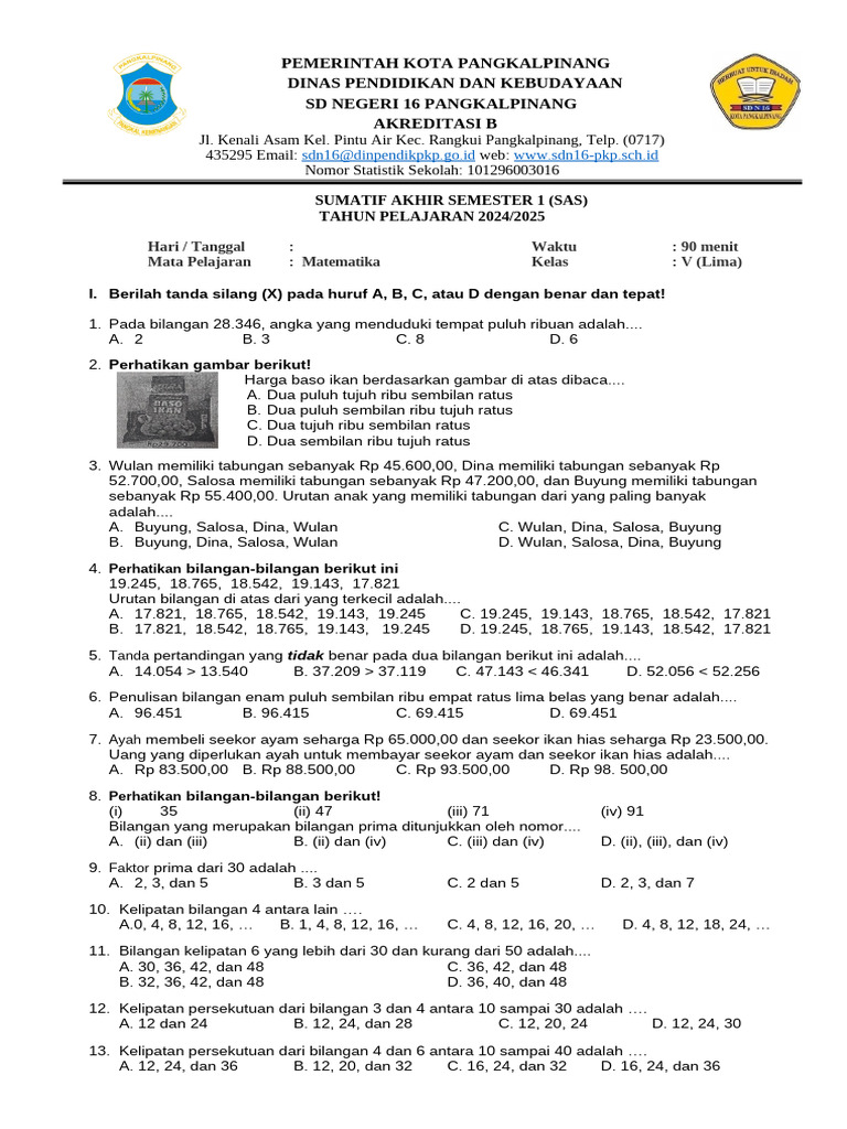 Sas MTK KLS 5 Semester 1 | PDF