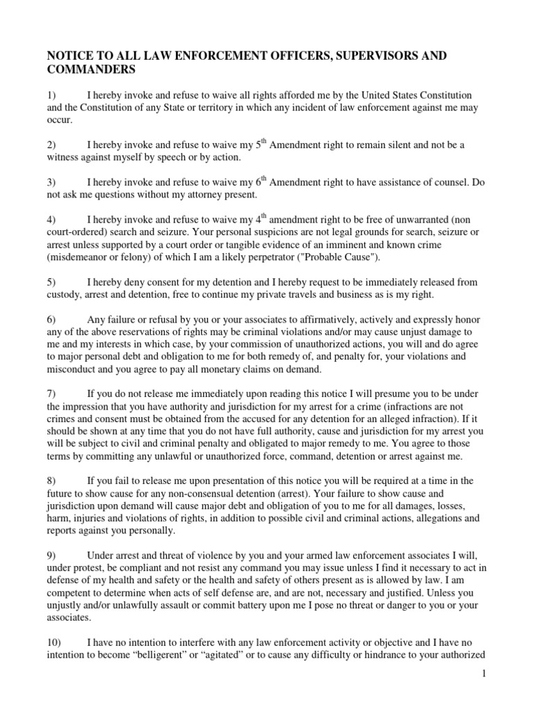 Rights Invocation Notice for Law Enforcement | PDF | Arrest | Detention ...