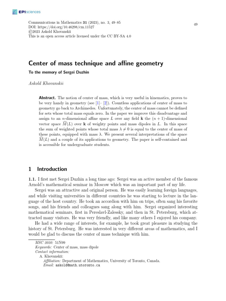 Khovanski - Center of Mass | PDF | Euclidean Space | Vector Space