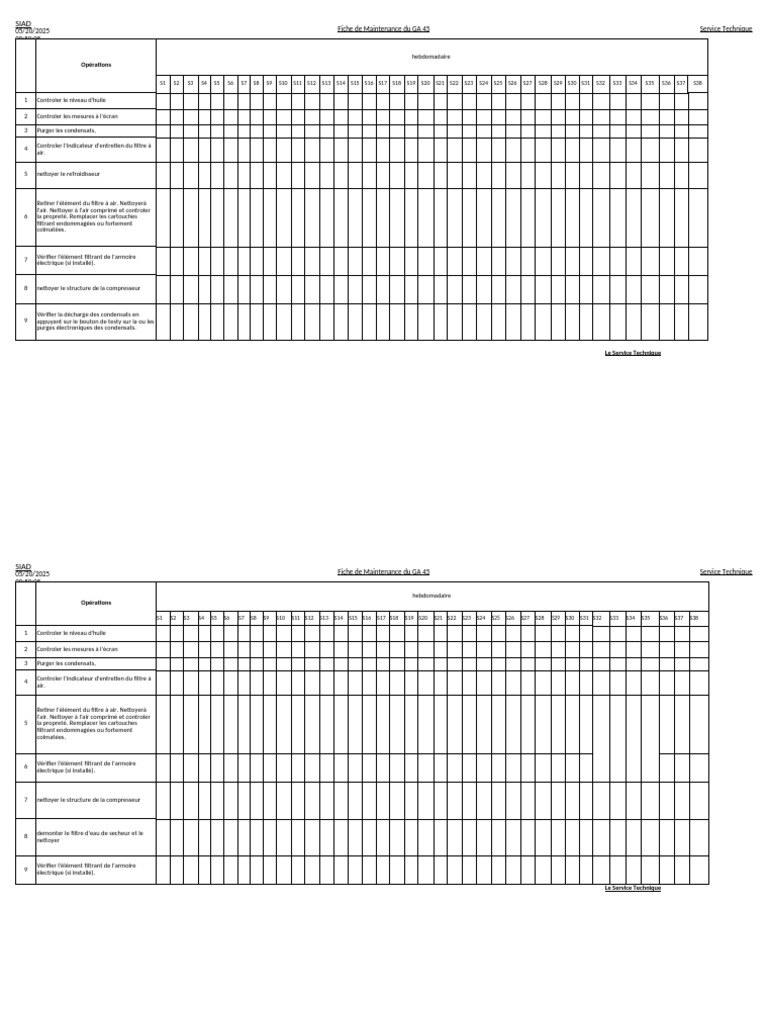 Fiche de Maintenance GA 45 Hebdomadaire | PDF | Technologies du gaz | Gaz