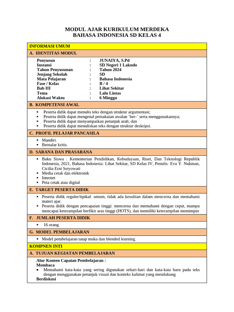 Modul Ajar Bahasa Indonesia SD Kelas 4 | PDF