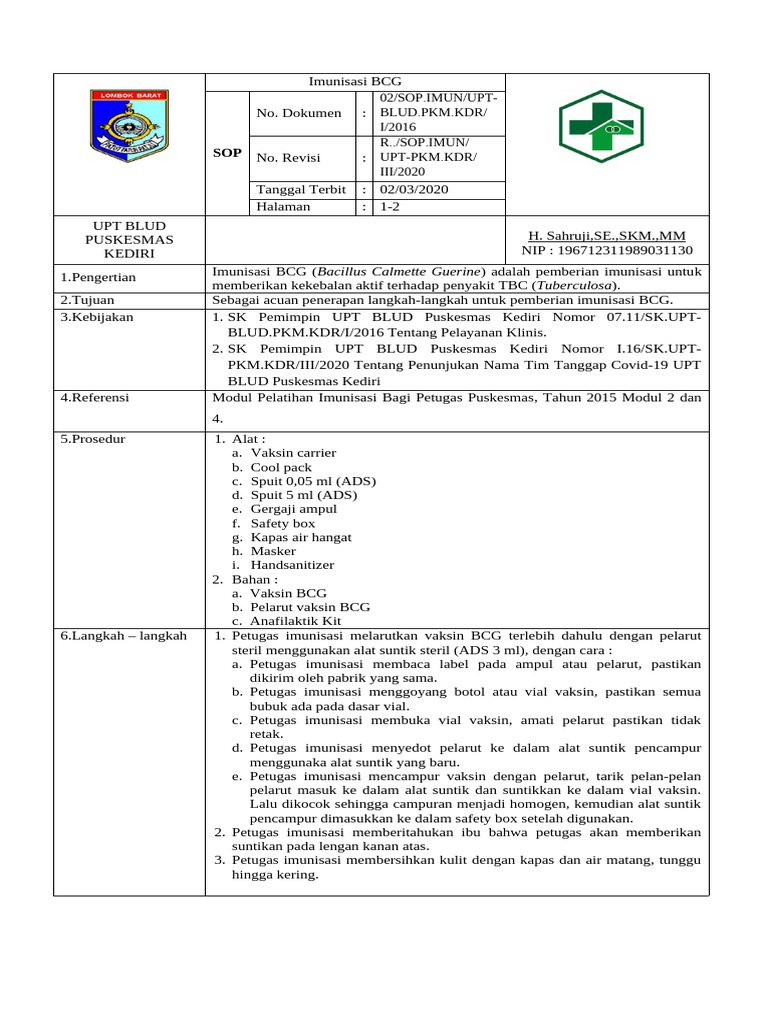 02 Sop Imunisasi BCG | PDF