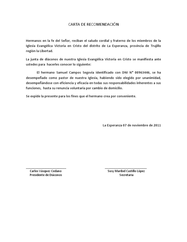 Carta de Recomendación  Organizaciones cristianas  Iglesia Católica