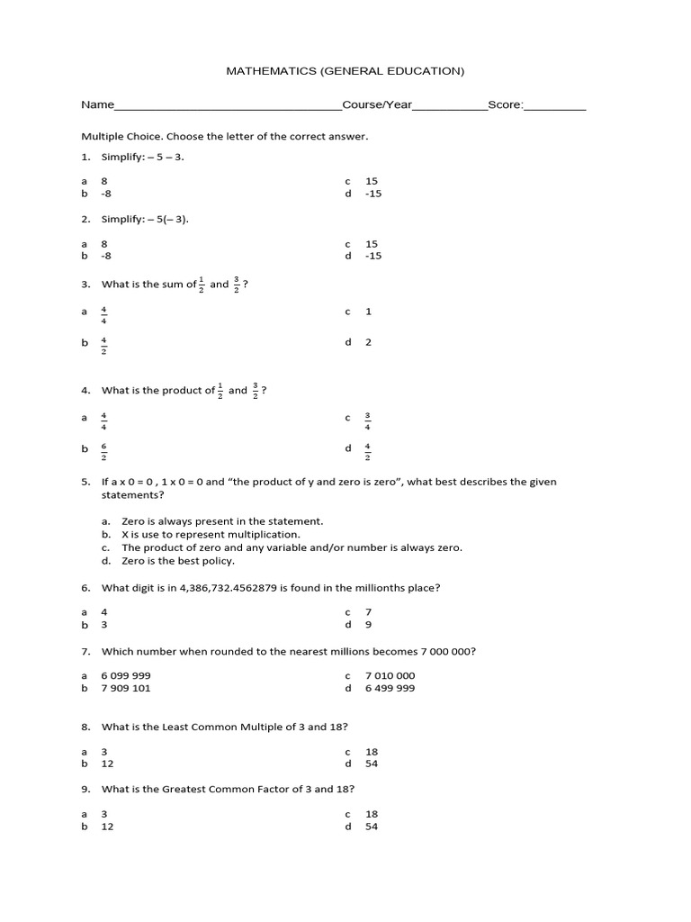 General Education Mathematics Quiz | PDF | Mathematics