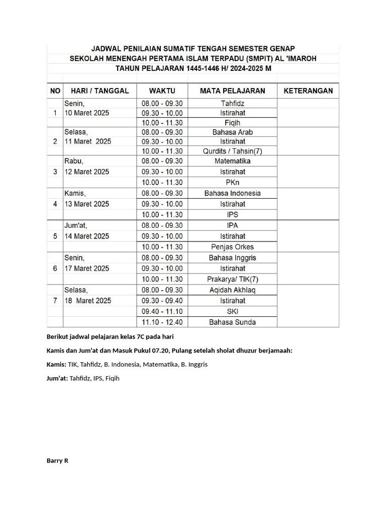 Berikut Jadwal Pelajaran Kelas 7C Pada Hari | PDF