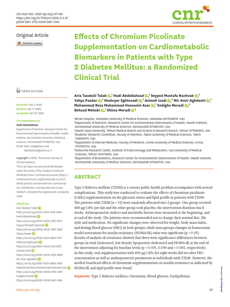 Effects of Chromium Picolinate Supplementation On Cardiometabolic ...
