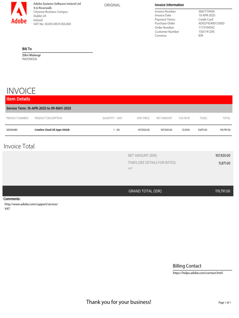 Adobe Invoice for Creative Cloud Service | PDF | Invoice | Value Added Tax