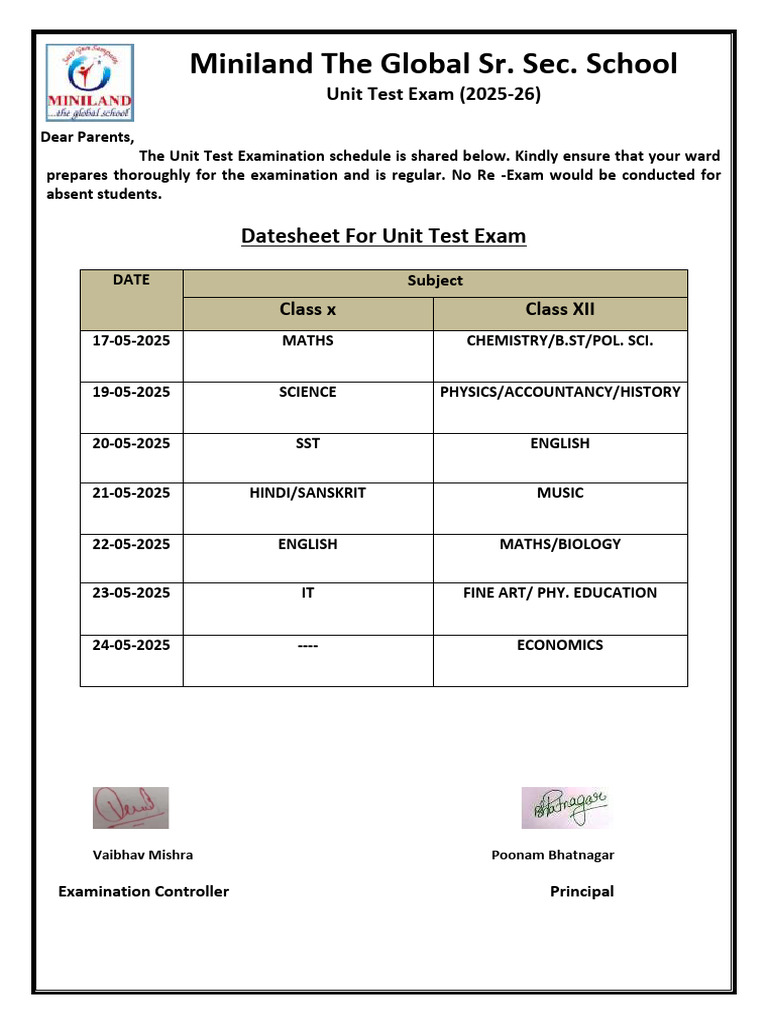 Unit Test Schedule 2025-26 | PDF