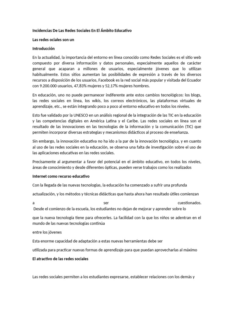Incidencias de Las Redes Sociales en El Ámbito Educativo | PDF | Redes ...
