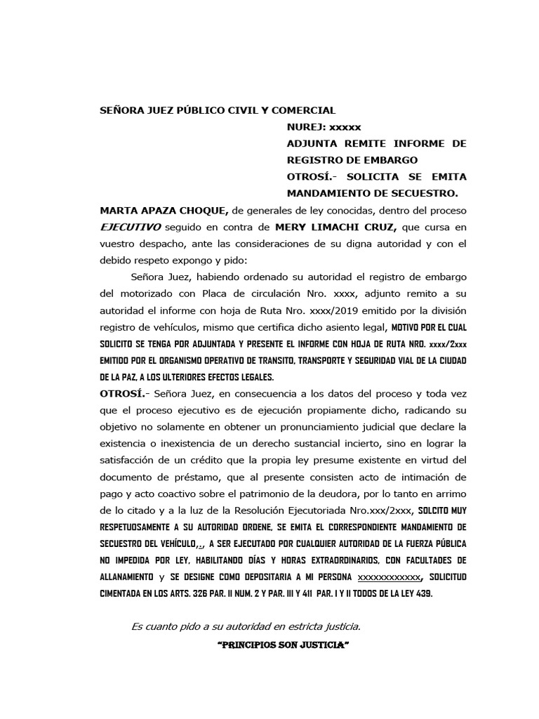 Remite Informe de Embargo y Solicita Secuestro. | PDF