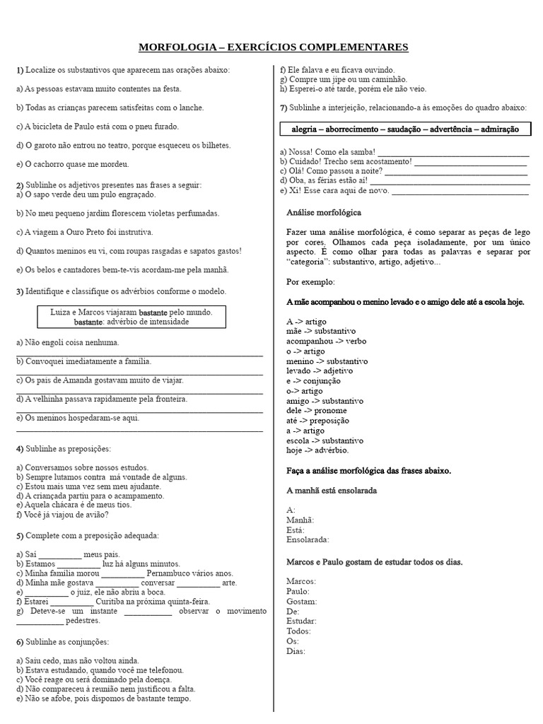 Exercícios de Morfologia em Português | PDF | Substantivo | Pronome
