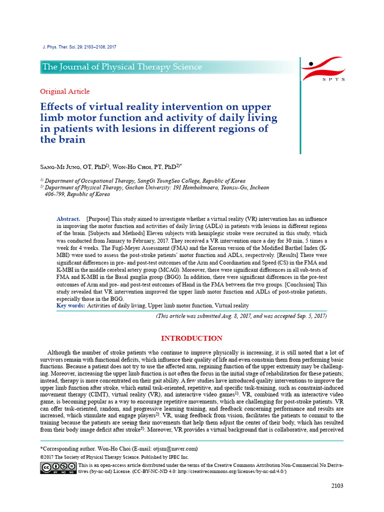 Effects of Virtual Reality Intervention On Upper Limb Motor Function ...
