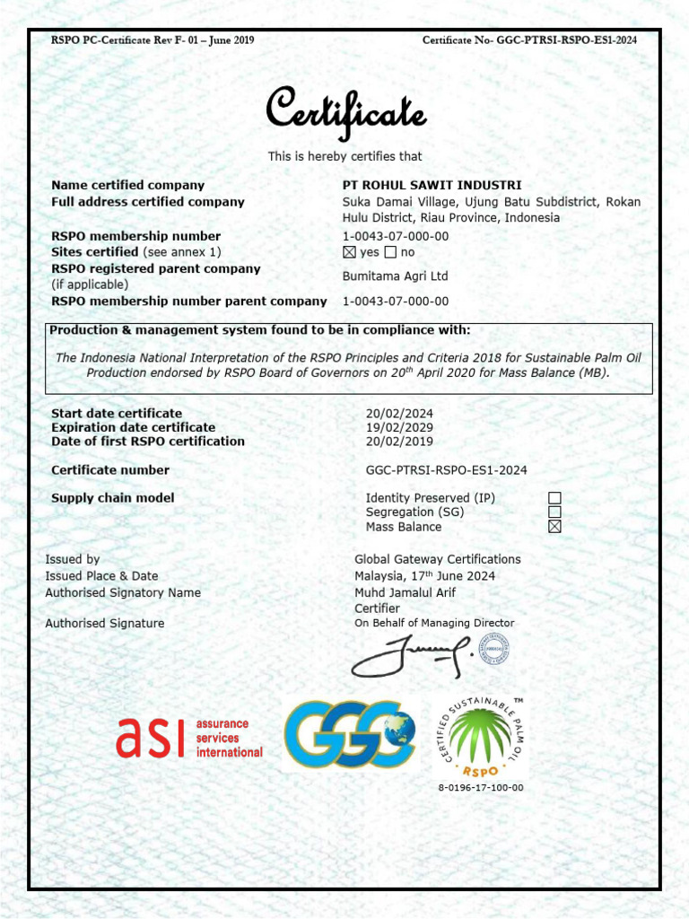 RSPO Certification for PT Rohul Sawit Industri | PDF | Palm Oil