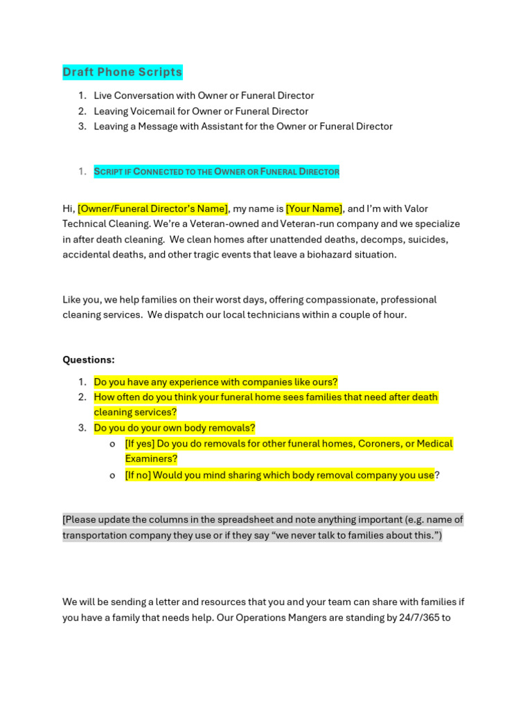 After Death Cleaning Outreach Scripts | PDF | Voicemail | Computer ...