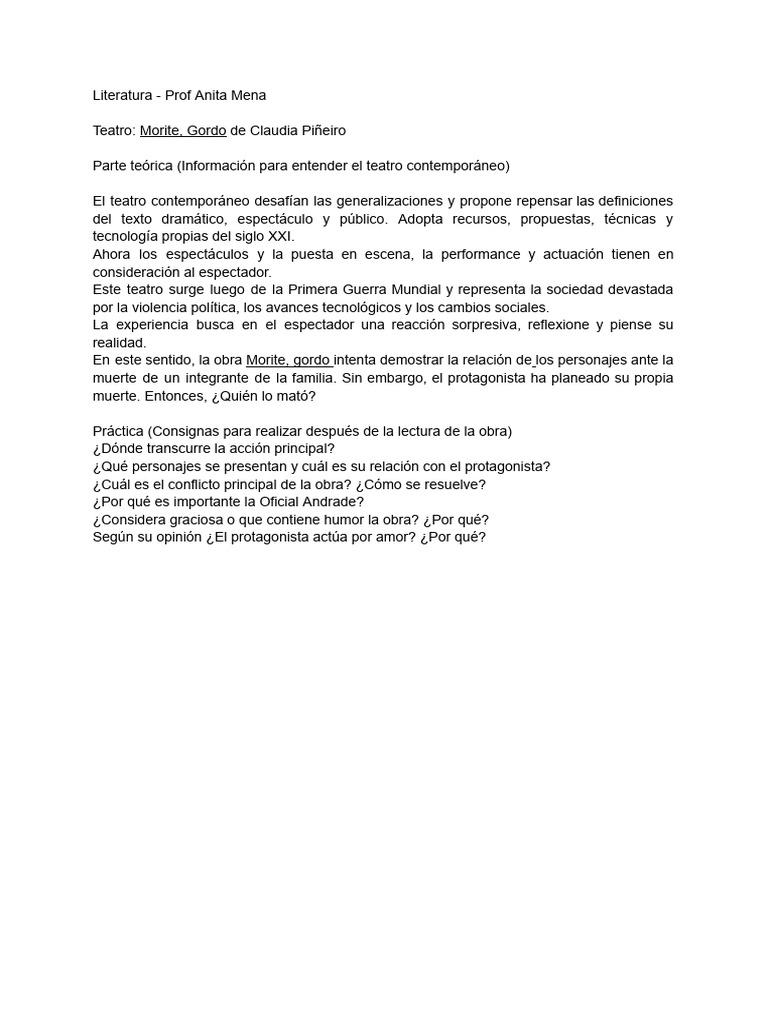 Teatro Contemporáneo: Morite, Gordo | PDF