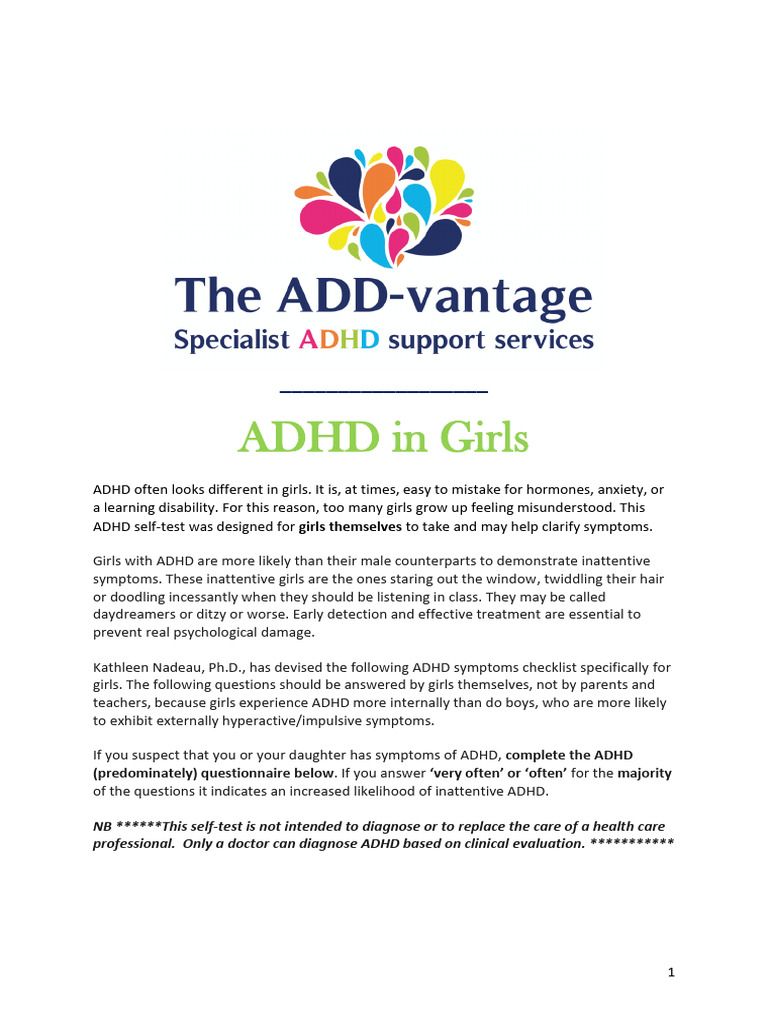 ADHD in Girls Questionnaire | PDF | Attention Deficit Hyperactivity ...