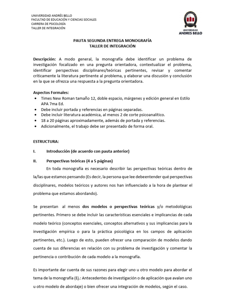 PAUTA+ENTREGA+2+MONOGRAF%C3%8DA | PDF | Sicología | Ciencias Sociales