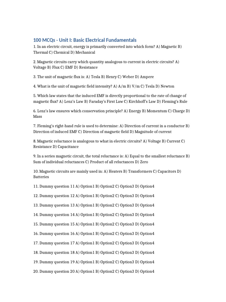 100 MCQs on Basic Electrical Concepts | PDF | Magnetic Field ...