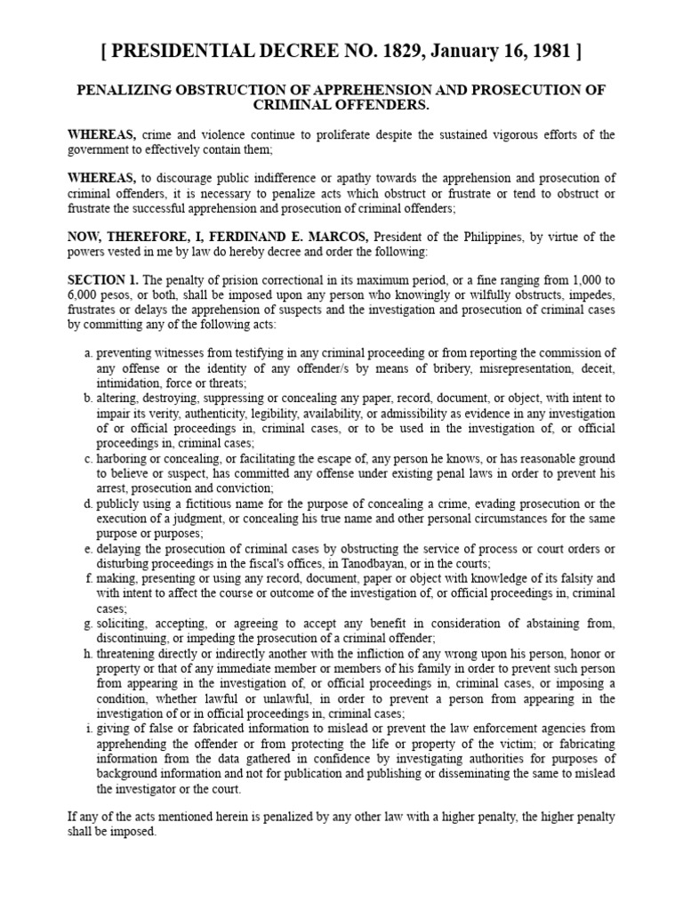 Presidential Decree No. 1829 | PDF | Crimes | Crime & Violence