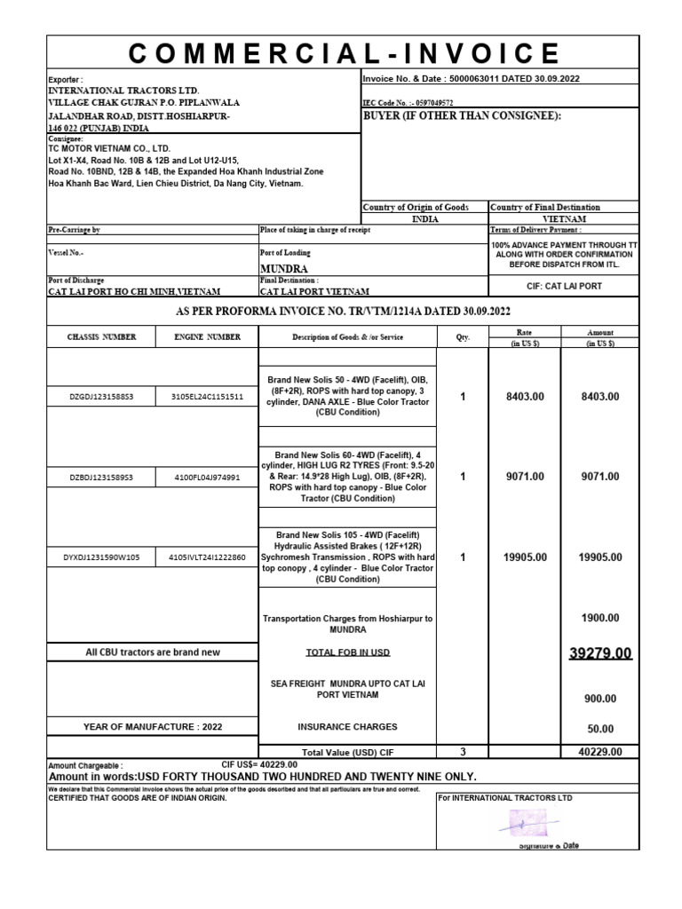 Export Invoice for Tractors to Vietnam | PDF | Tractor | Four Wheel Drive