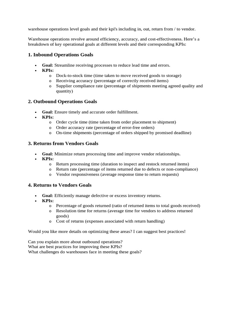 Warehouse Operations Level Goals and Their Kpi | PDF
