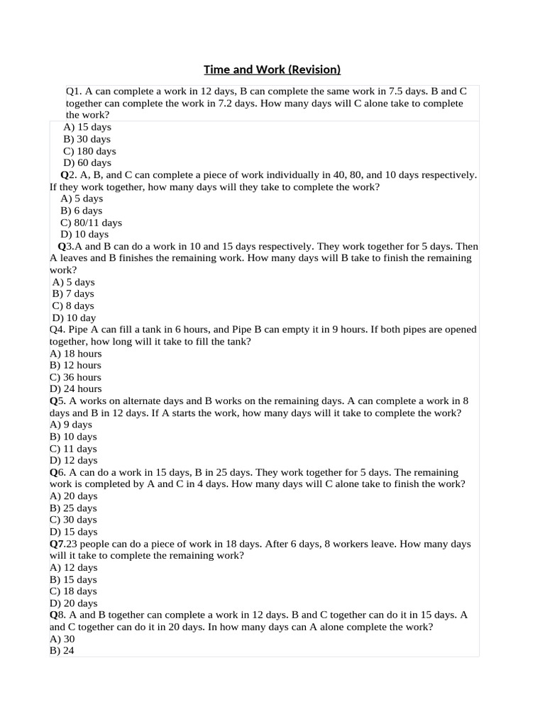 Time and Work Problem Set Solutions | PDF