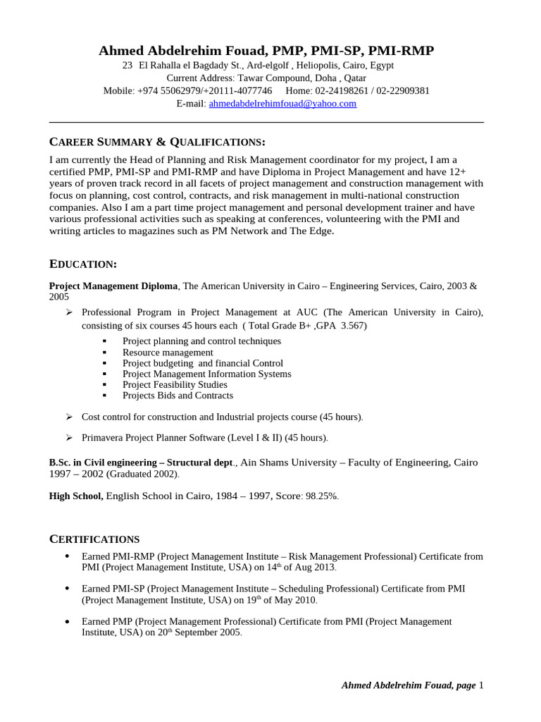 Ahmed Fouad PMP PMI SP PMI RMP Jul 141 | PDF